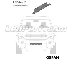 Representation of the Osram LEDriving® LICENSE PLATE BRACKET AX bracket mounted on a vehicle