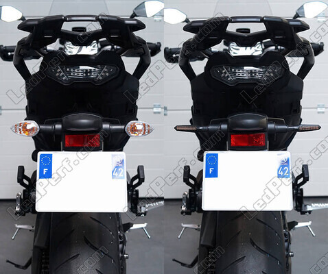Before and after comparison following a switch to Sequential LED Indicators for CFMOTO NK 400 (2018 - 2020)